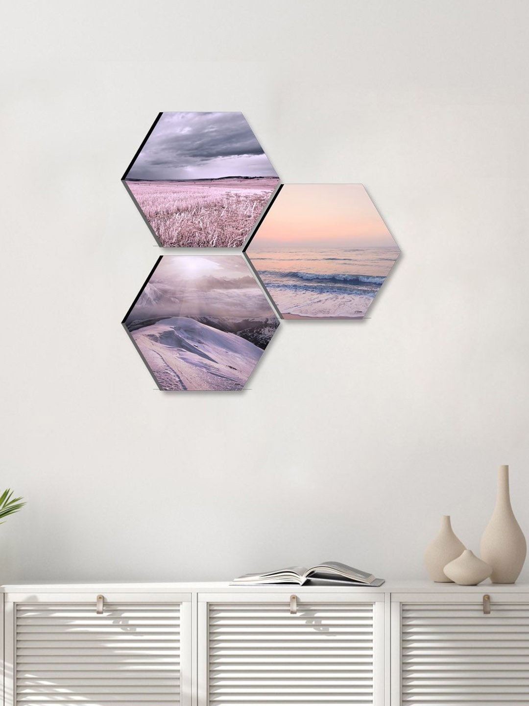 

SAF Blue & Purple 3 Pieces Nature Painting Hexagon UV Textured Wall Arts