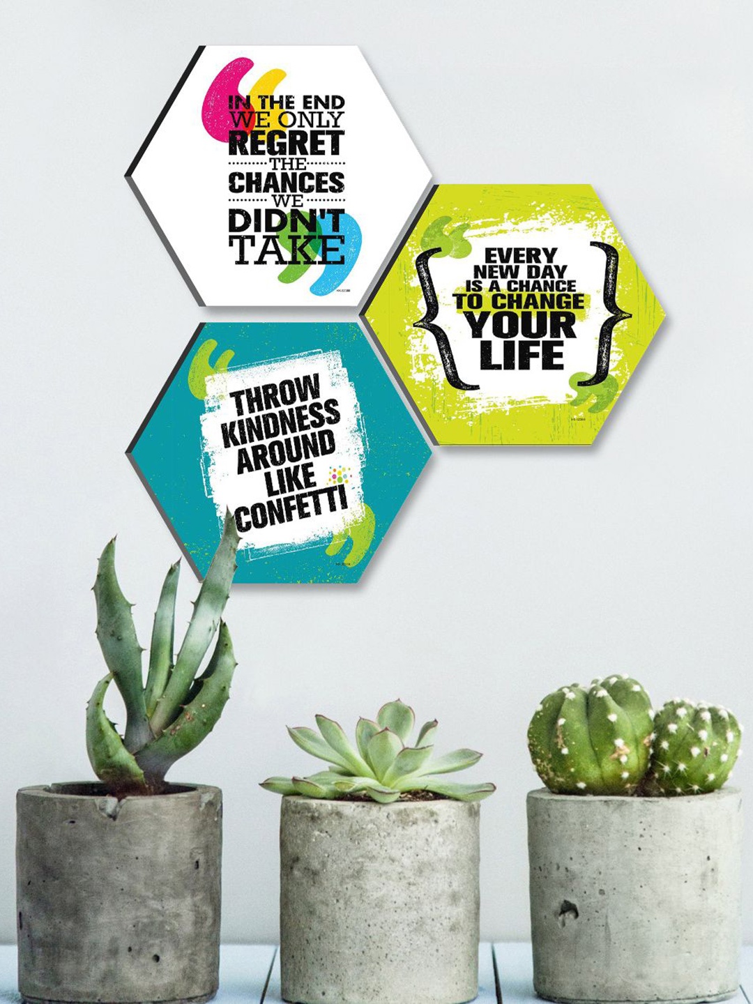 

SAF White & Green 3 Pieces Motivational Quotes Painting Hexagon UV Textured Wall Arts