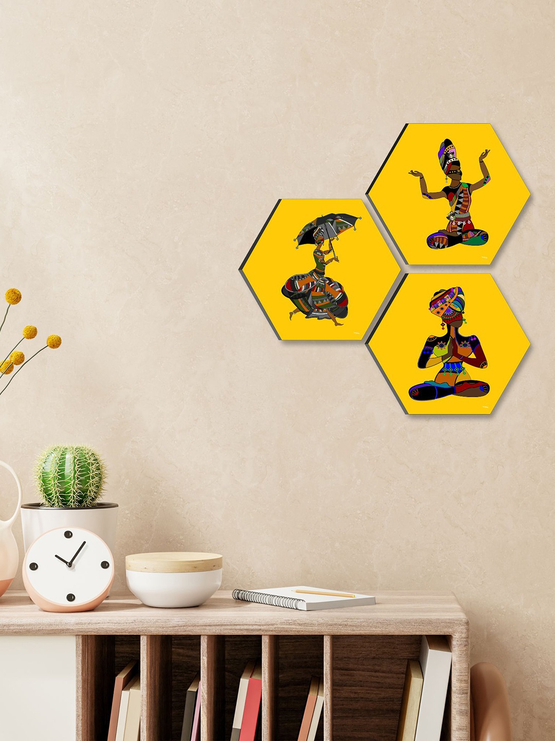 

SAF Yellow & Black 3 Pieces Tribal Painting Hexagon UV Textured Wall Arts