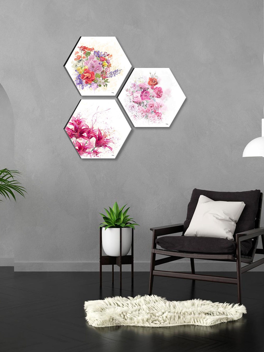 

SAF White & Pink 3 Pieces Flower Painting Hexagon UV Textured Wall Arts