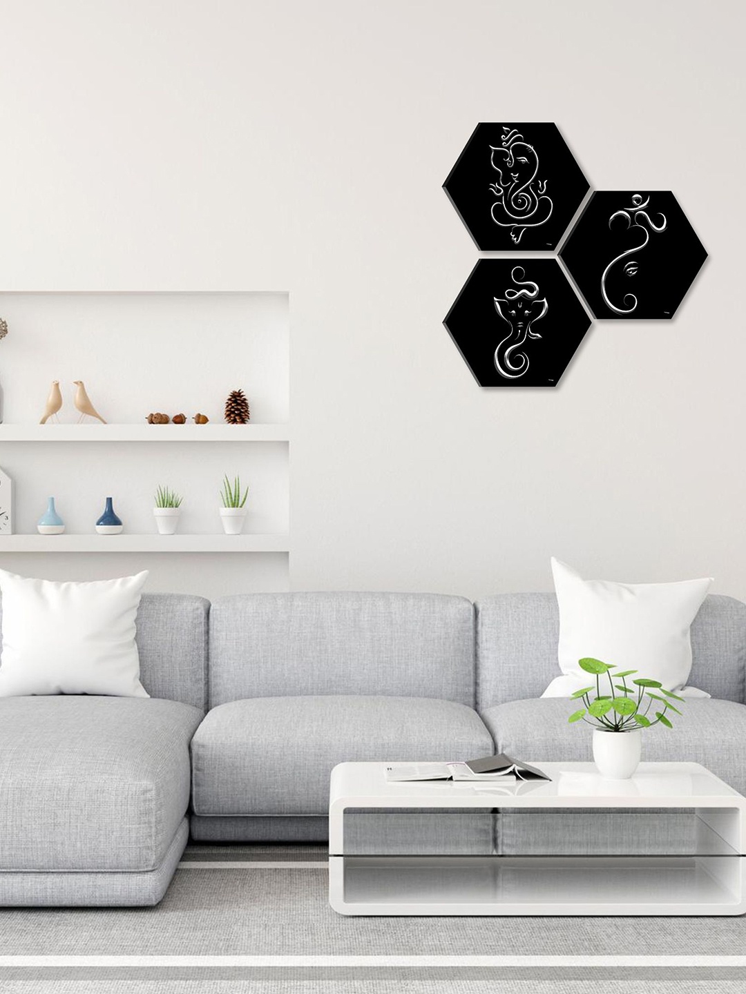 

SAF Black & White 3 Pieces Lord Ganesha Painting Hexagon UV Textured Wall Arts