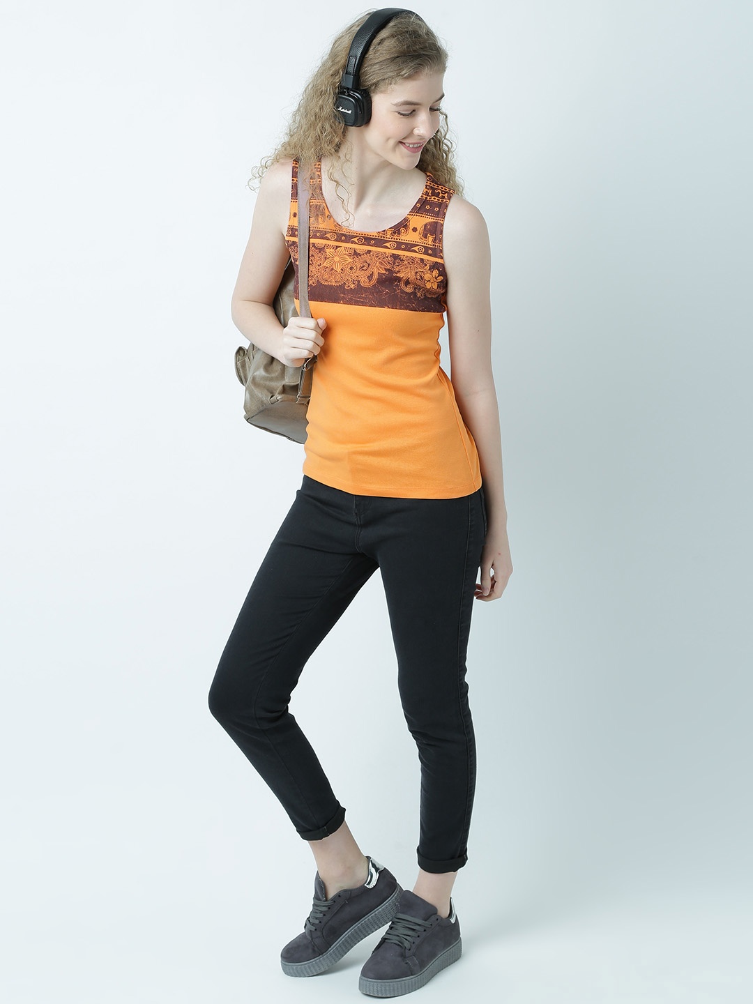 

Huetrap Women Orange Printed Tank Pure Cotton Top