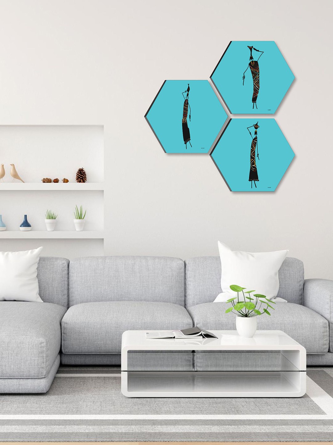 

SAF Blue & Black 3 PiecesTrible Art Printed Hexagon Shaped Framed Wall Painting