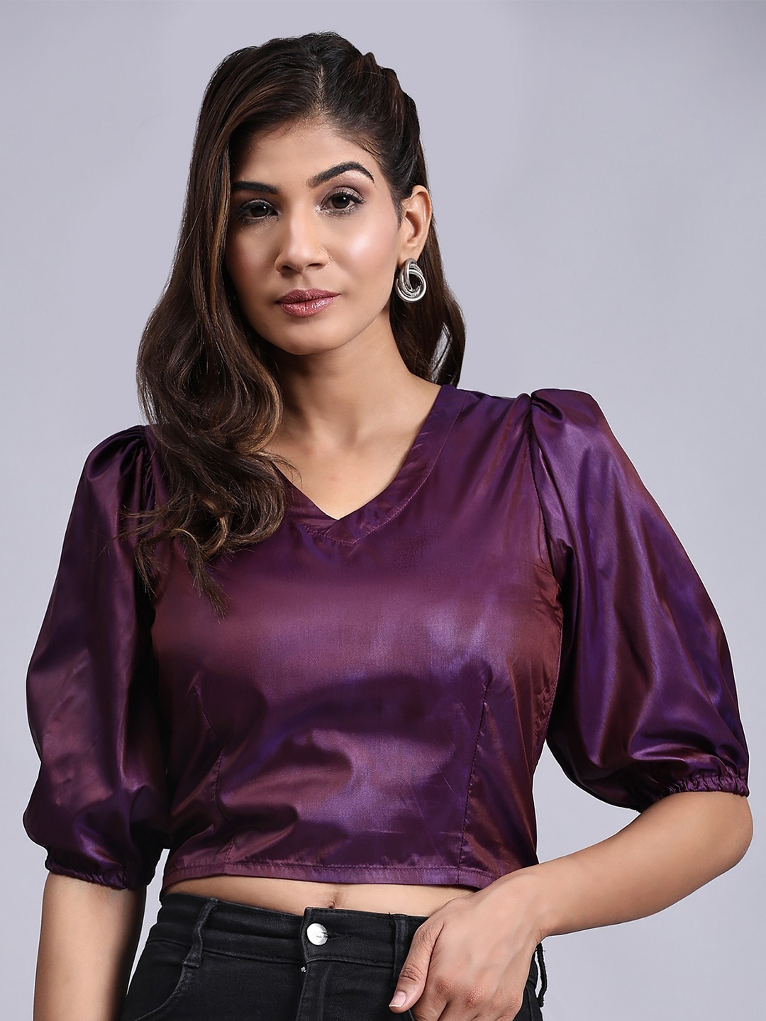 

V TRADITION Puff Sleeves Crepe Crop Top, Purple