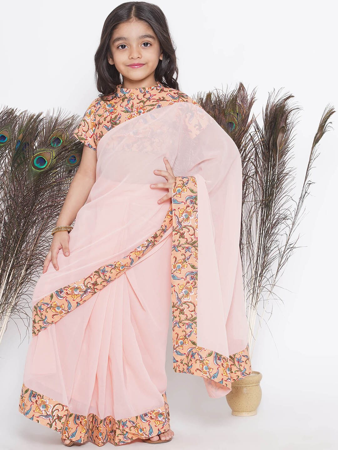 

Little Bansi Girls Floral Printed Pure Cotton Saree, Peach