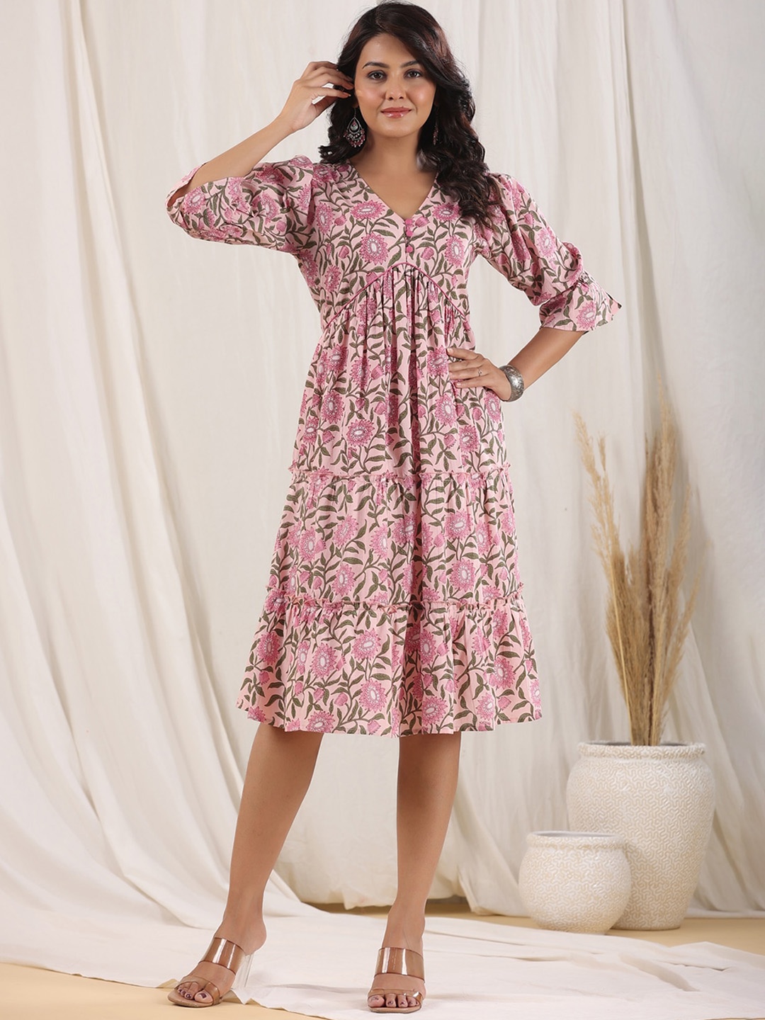 

Rain & Rainbow Floral Printed Pure Cotton Ethnic Dress, Pink