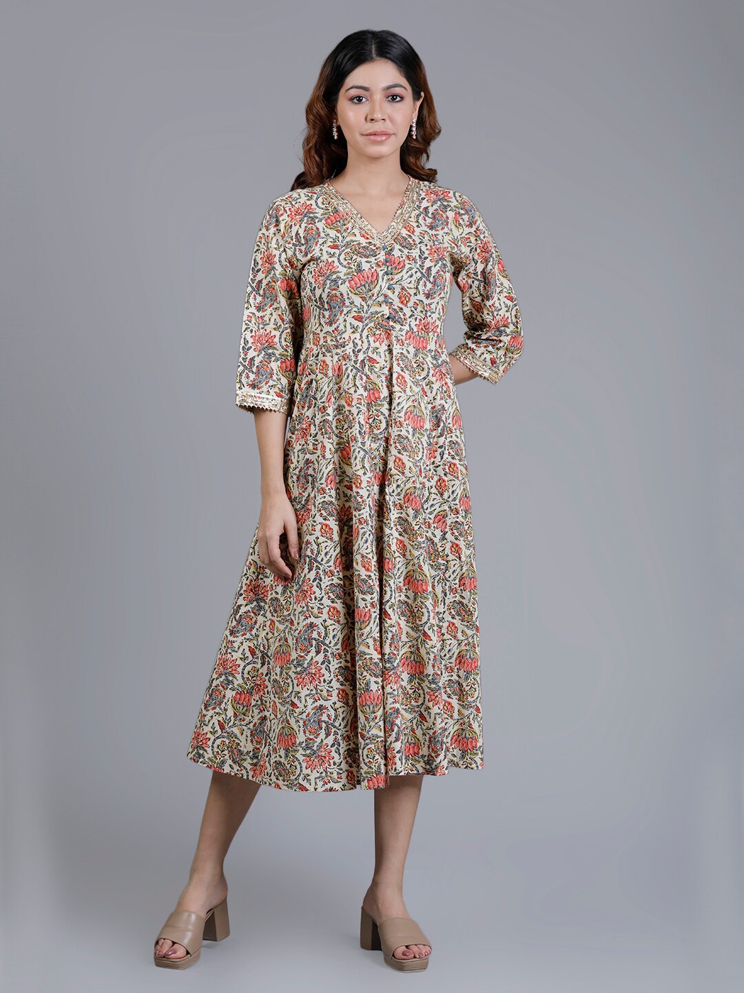 

V TRADITION Floral Printed Cotton A-Line Midi Dress, Beige