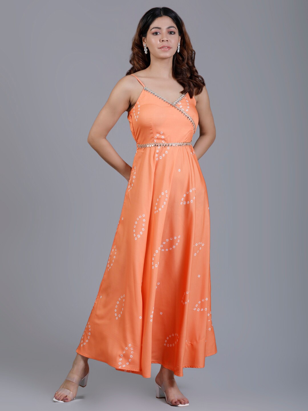 

V TRADITION Bandhani Printed Organic Cotton Maxi Dress, Orange
