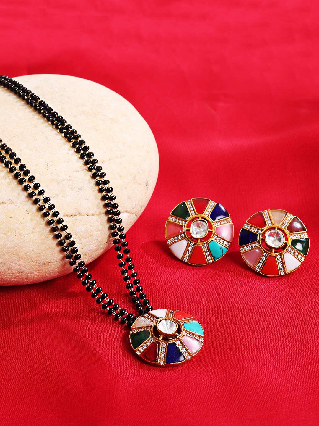 

ABDESIGNS Gold-Plated AD-Studded & Beaded Mangalsutra With Earrings