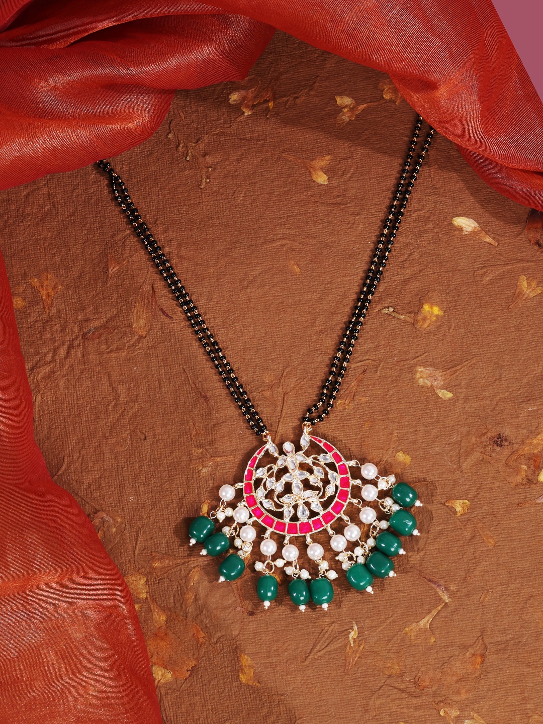 

ABDESIGNS Gold-Plated American Diamond-Studded & Beaded Mangalsutra