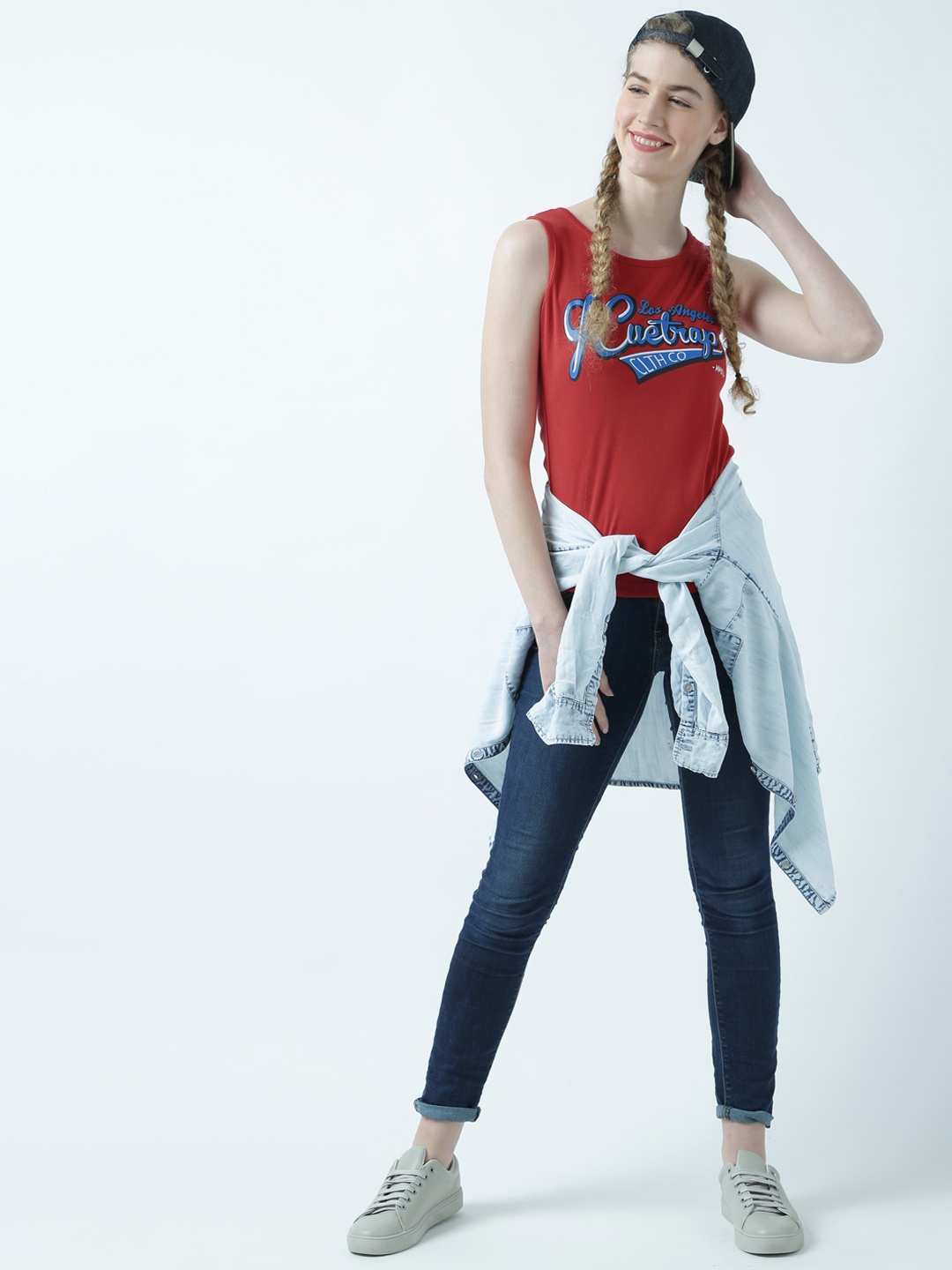 

Huetrap Women Red Printed Tank Pure Cotton Top
