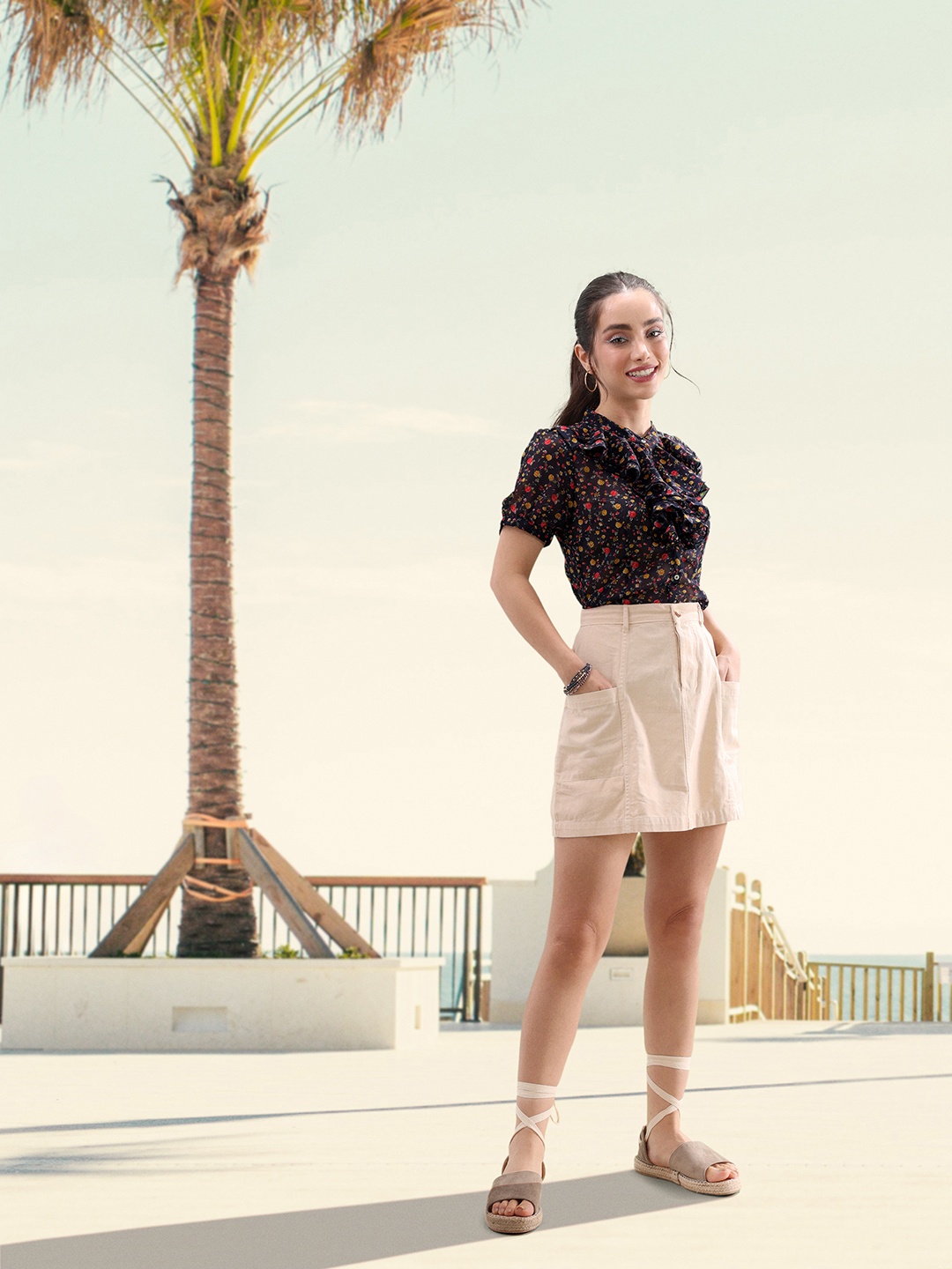 

Mast & Harbour Floral Print Mandarin Collar Puff Sleeve Ruffles Shirt Style Top, Navy blue