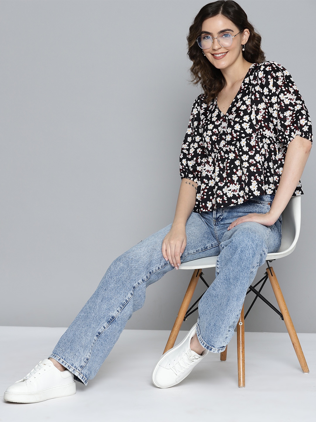 

Mast & Harbour Floral Print Puff Sleeve Top, Black