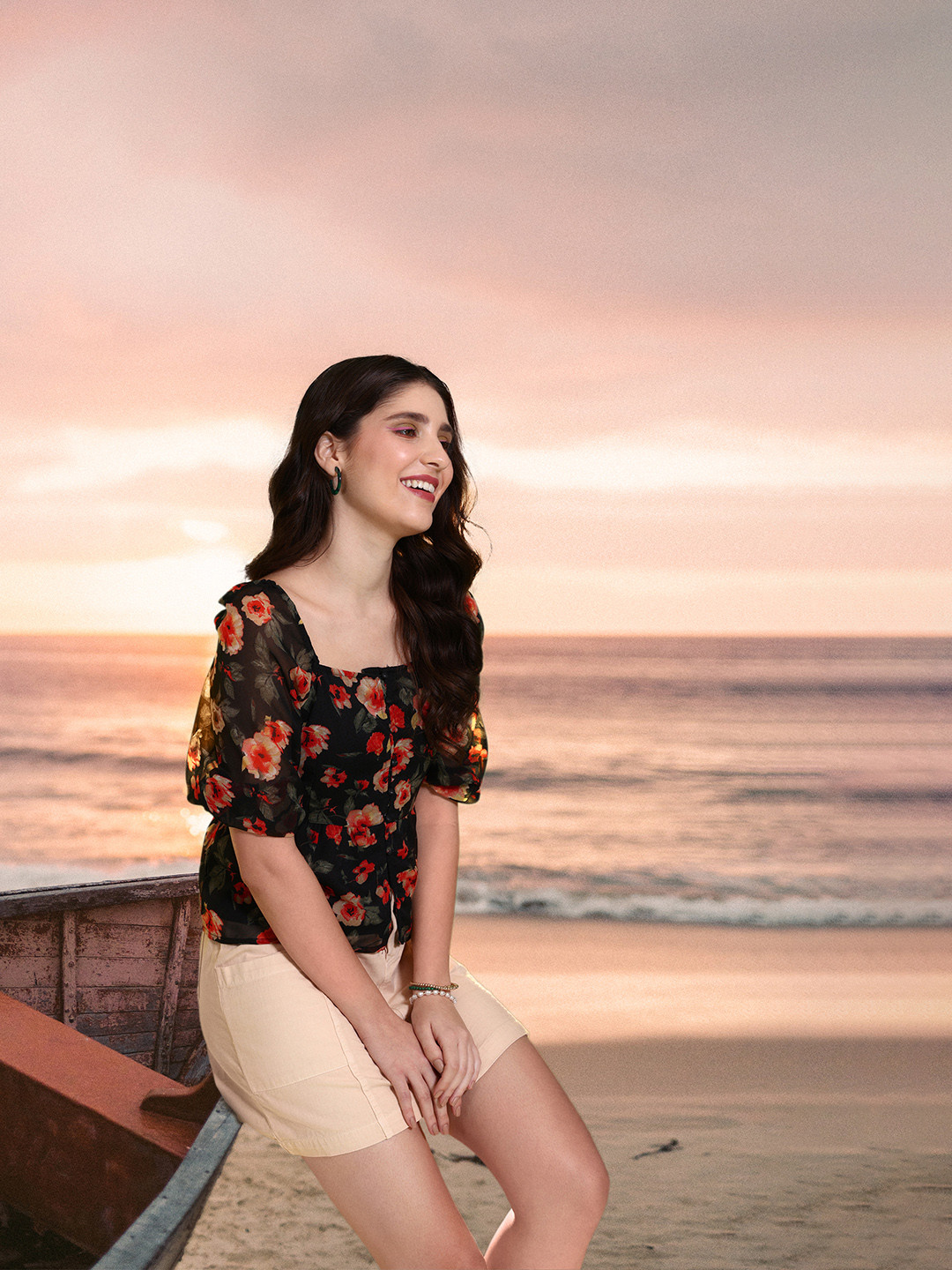 

Mast & Harbour Floral Print Top, Black