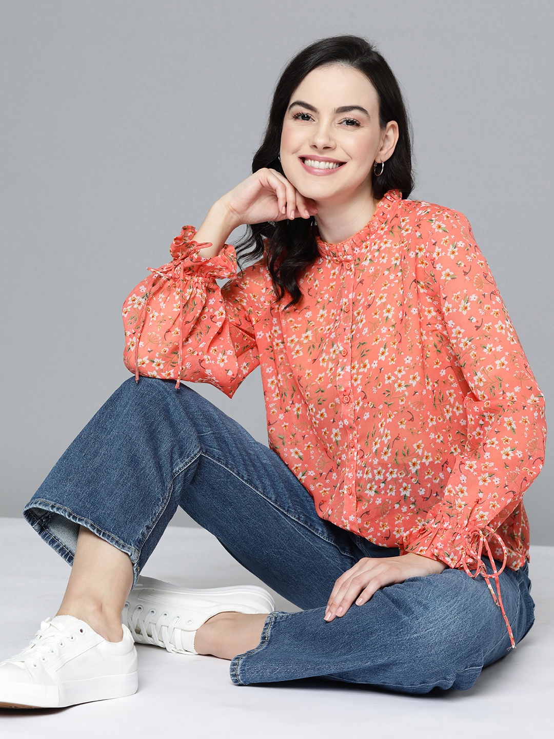 

Mast & Harbour Floral Print Shirt Style Top, Peach
