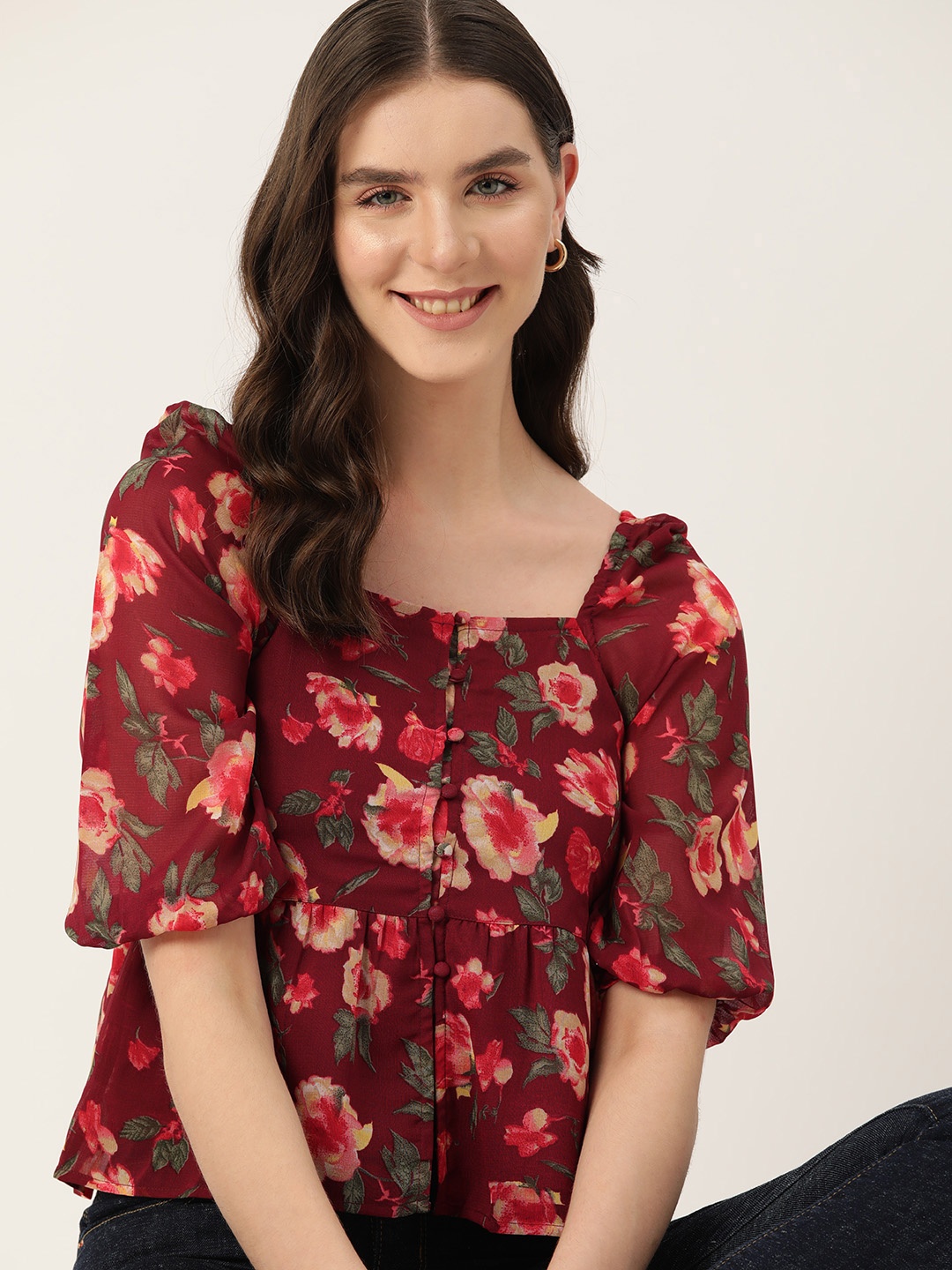 

Mast & Harbour Floral Print Top, Burgundy