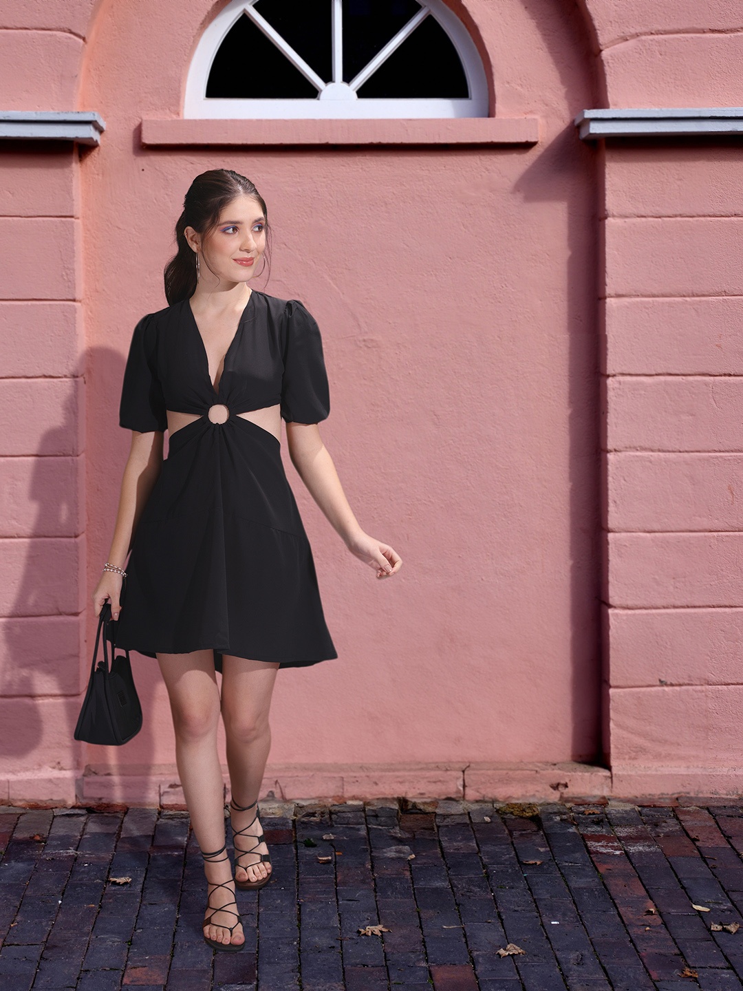 

Mast & Harbour Cut-Out Puff Sleeve Fit & Flare Dress, Black
