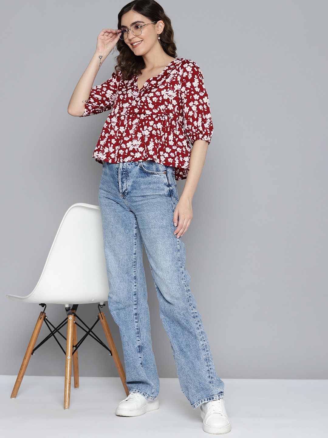 

Mast & Harbour Floral Print Puff Sleeves Peplum Top, Maroon