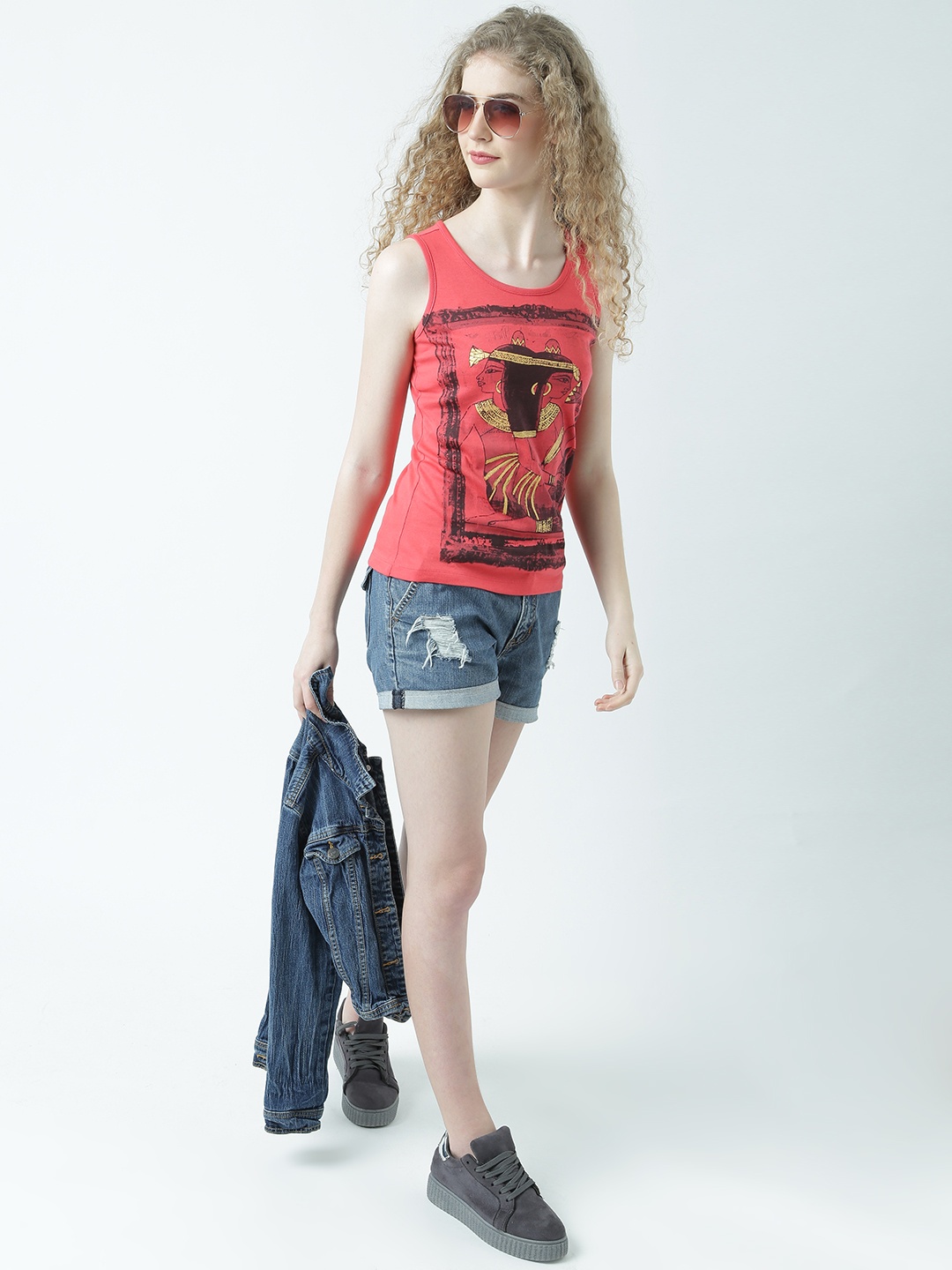

Huetrap Women Red Printed Tank Pure Cotton Top
