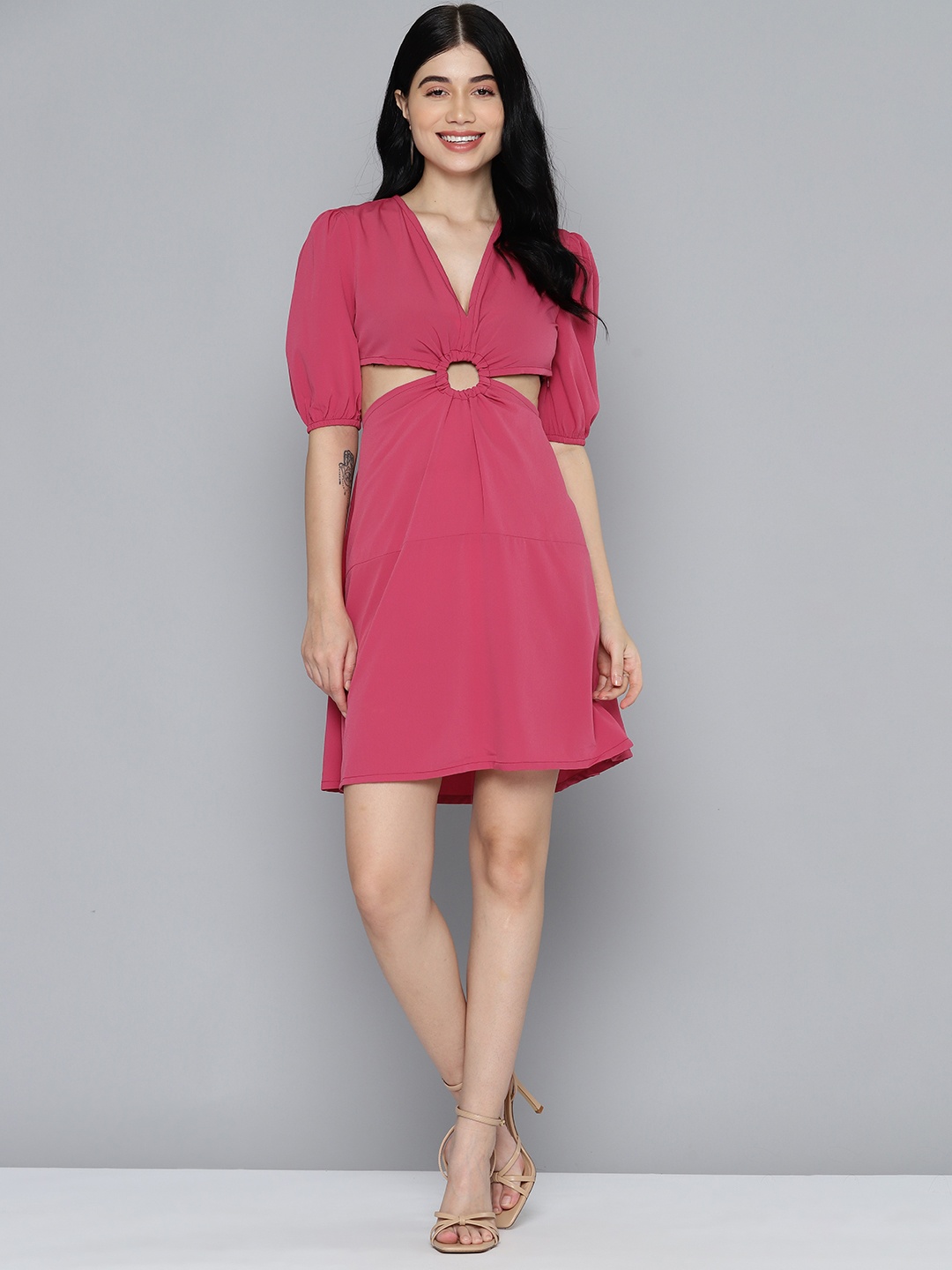 

Mast & Harbour Cut-Out Puff Sleeve Fit & Flare Dress, Pink