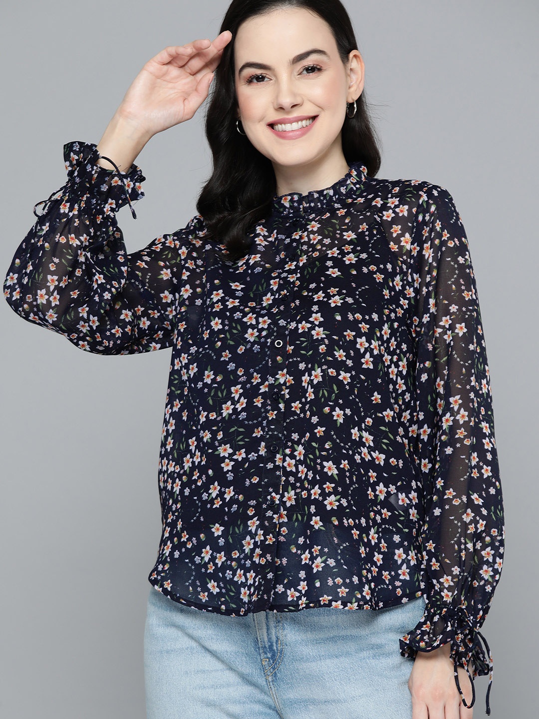 

Mast & Harbour Floral Print Shirt Style Top, Navy blue