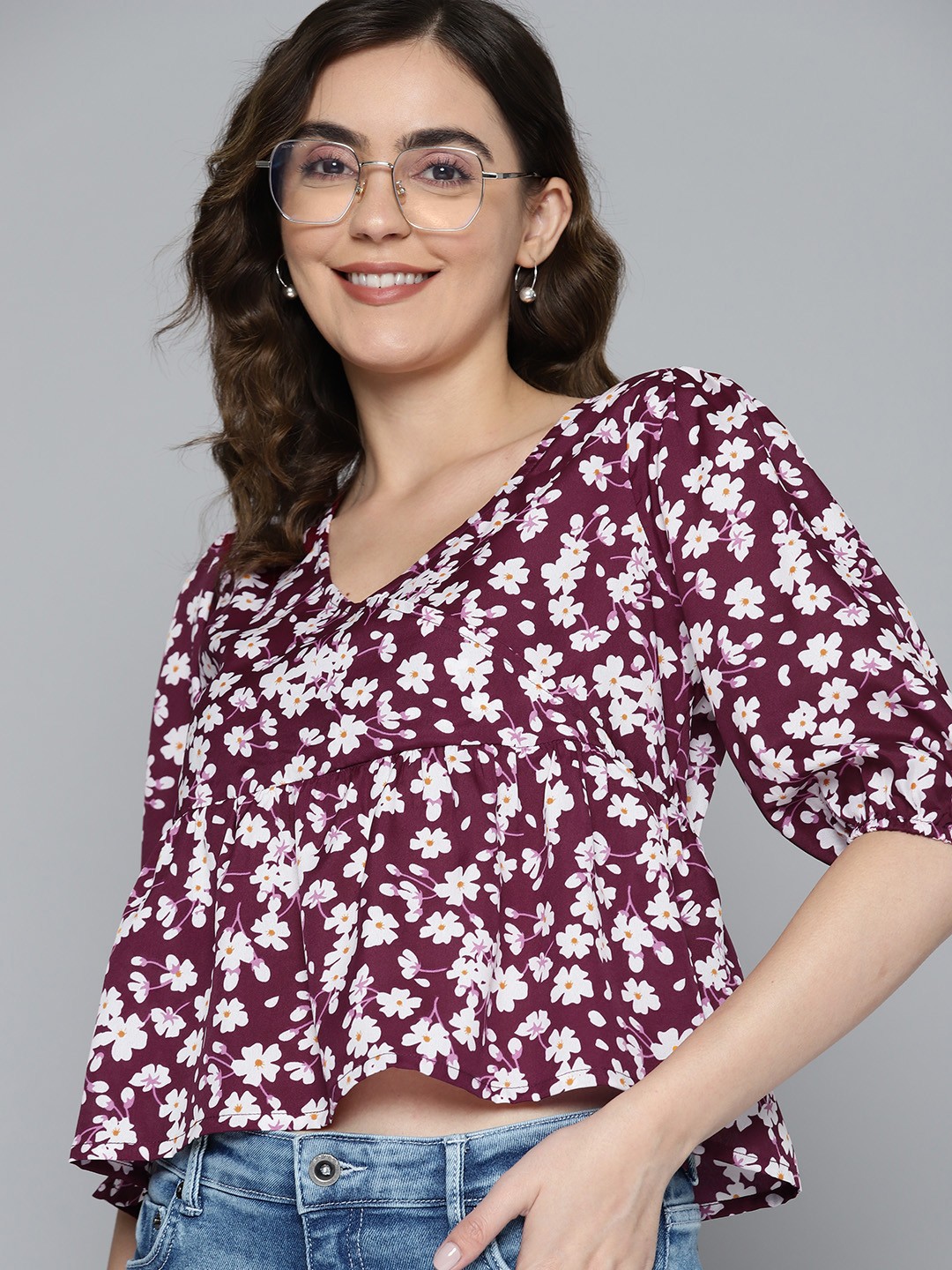 

Mast & Harbour Floral Print Puff Sleeves Peplum Top, Purple
