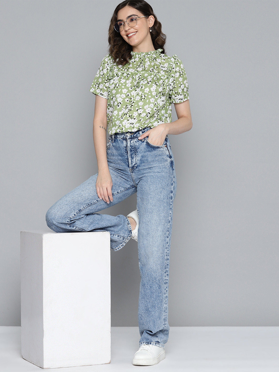 

Mast & Harbour Floral Print Ruffle Detail High Neck Top, Green