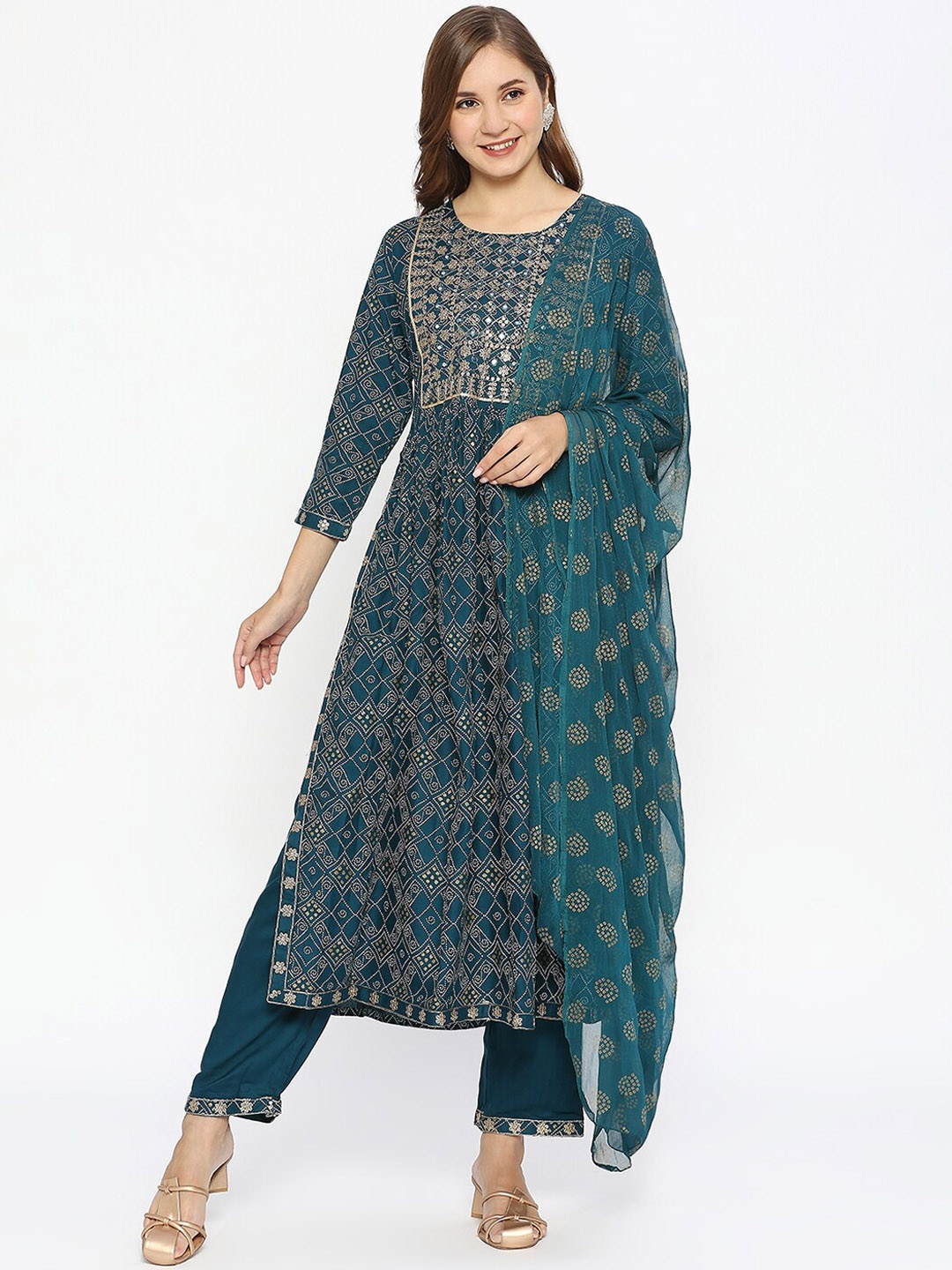 

ZRI Geometric Printed High Slit Kurta With Trousers & With Dupatta, Teal