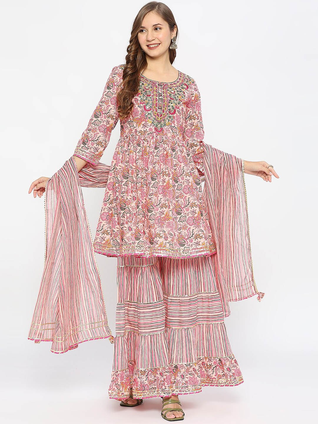 

ZRI Floral Printed Pure Cotton Kurta With Sharara & With Dupatta, Pink