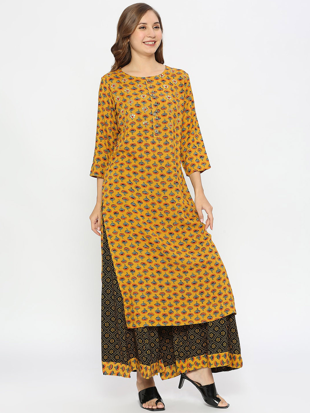 

ZRI Women Floral Printed Regular Kurta With Palazzos, Mustard