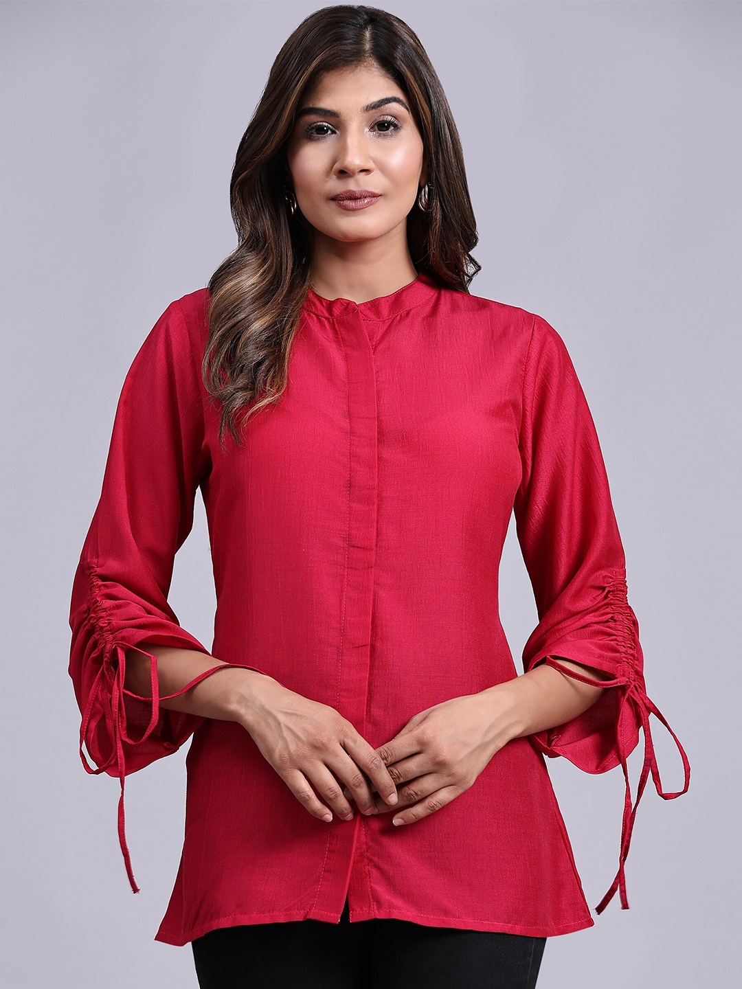 

V TRADITION Mandarin Collar Cotton Shirt Style Top, Pink
