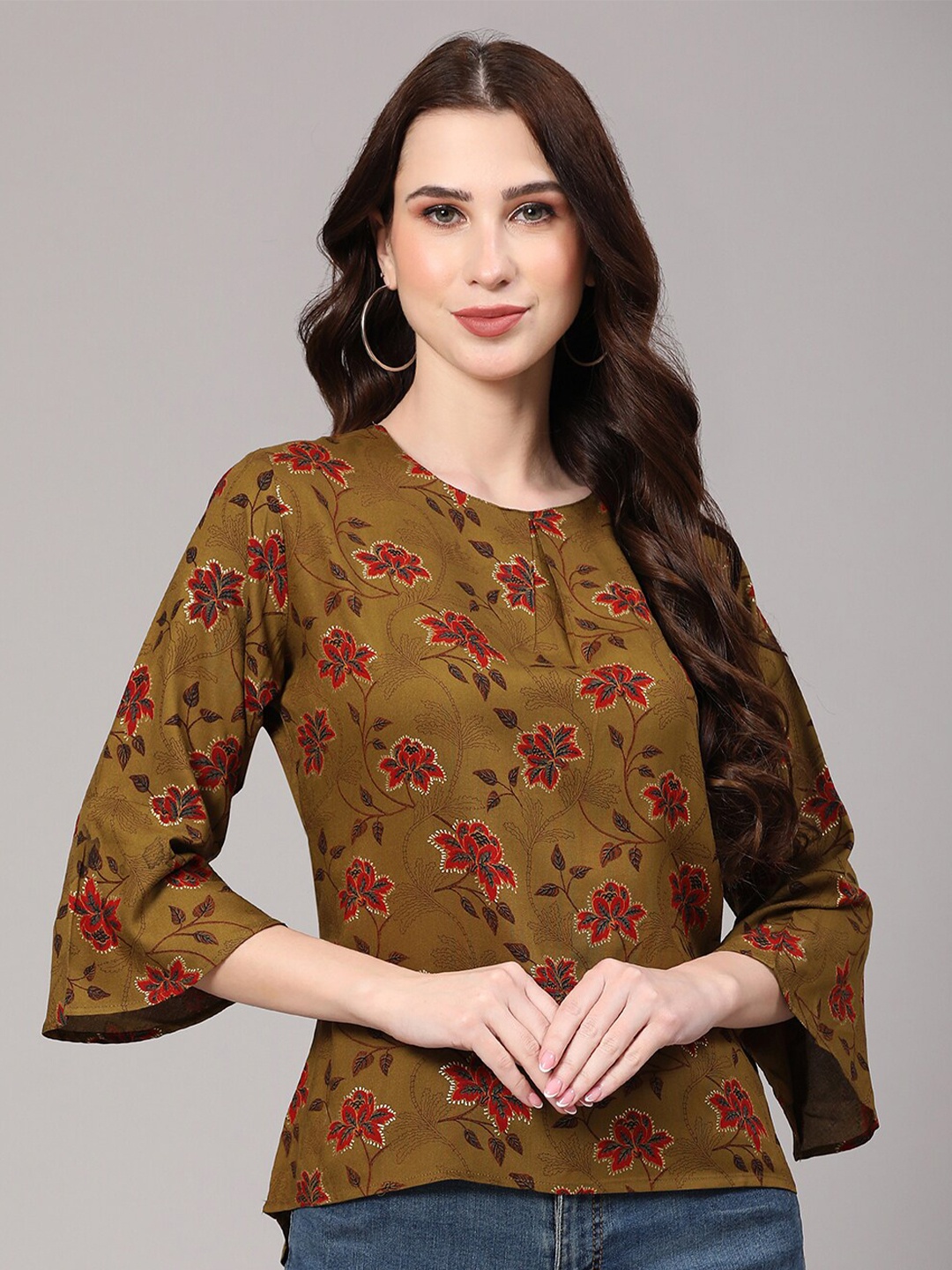 

V TRADITION Floral Printed Bell Sleeves Regular Top, Brown