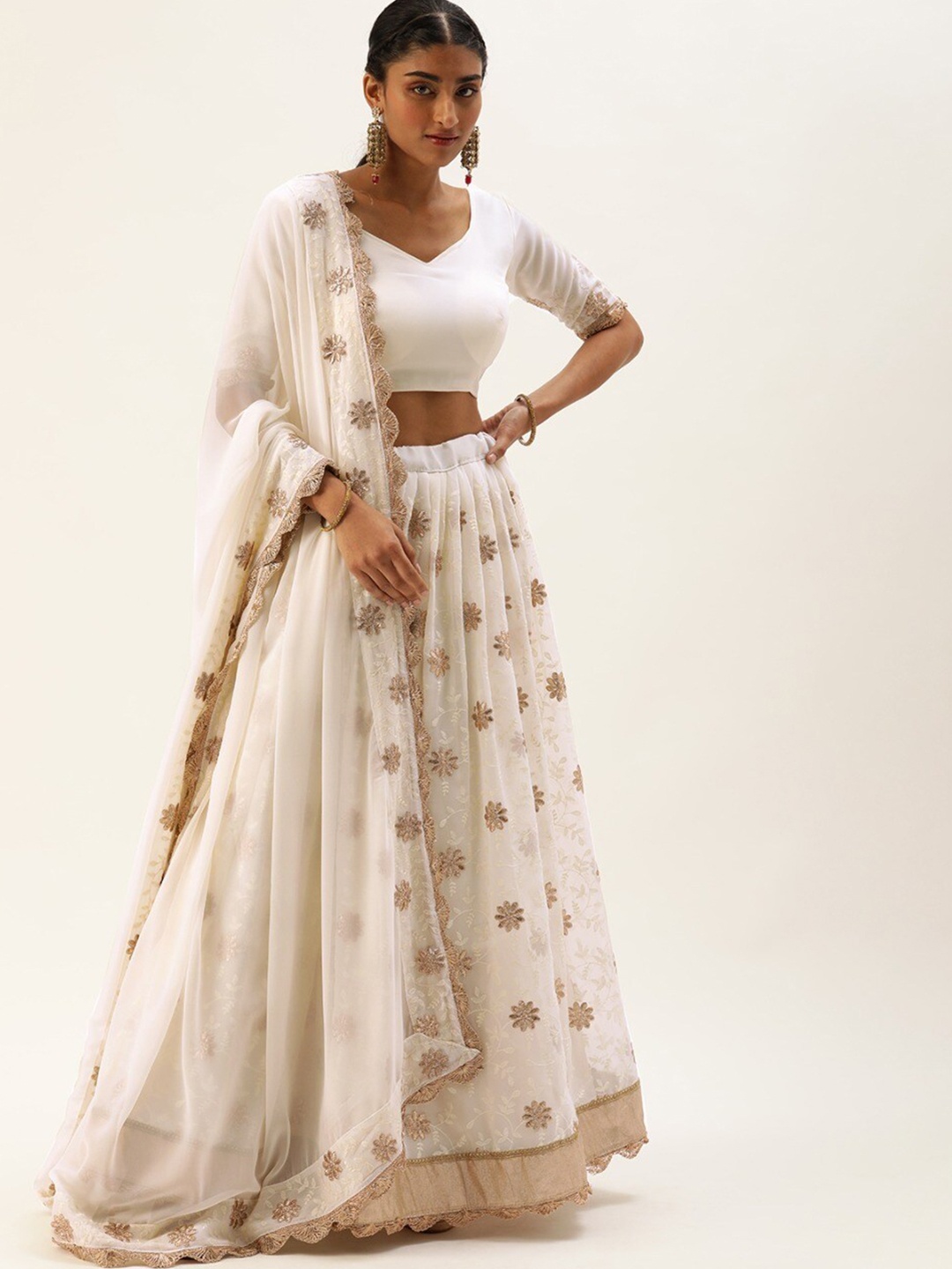 

UDBHAV TEXTILE Thread Work Semi-Stitched Lehenga & Unstitched Blouse With Dupatta, White