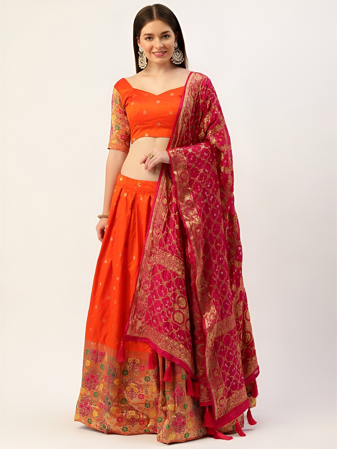 

UDBHAV TEXTILE Semi-Stitched Lehenga & Unstitched Blouse With Dupatta, Orange