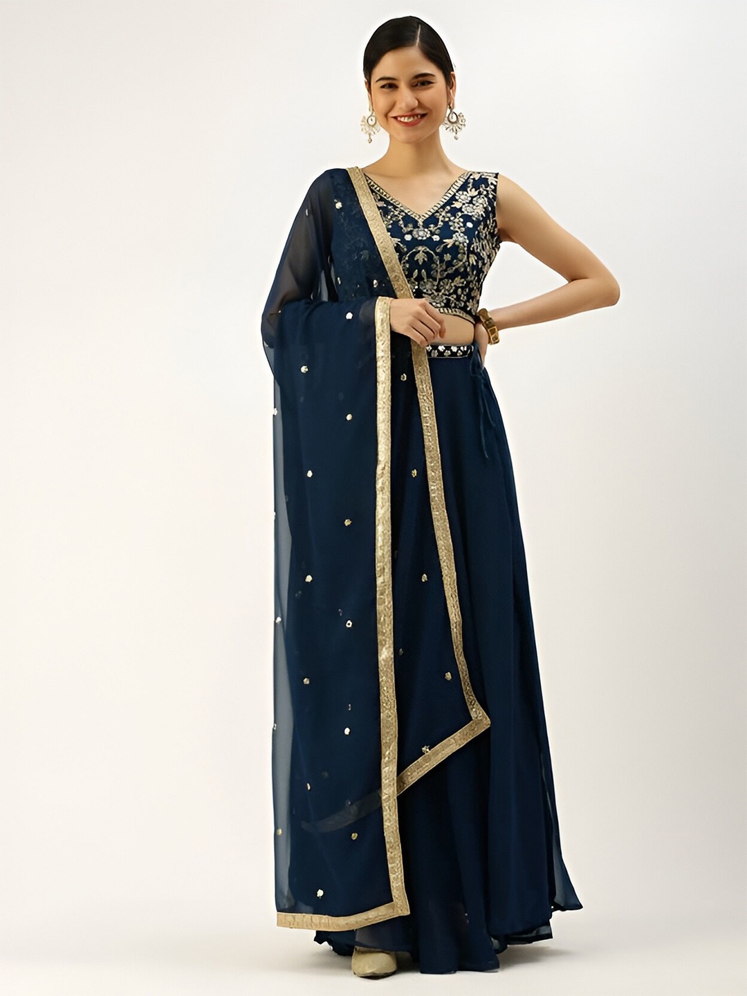 

UDBHAV TEXTILE Embellished Semi-Stitched Lehenga & Unstitched Blouse With Dupatta, Navy blue