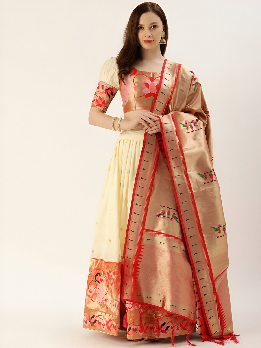 

UDBHAV TEXTILE Ethnic Motifs Woven Design Semi-Stitched Lehenga & Blouse With Dupatta, Beige