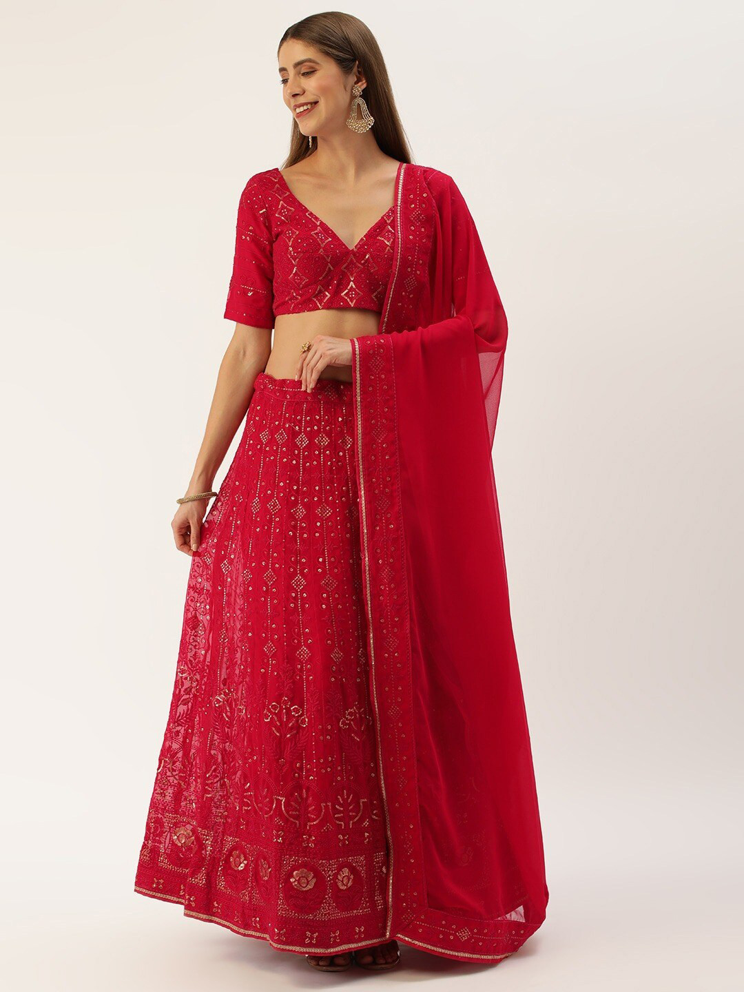 

UDBHAV TEXTILE Embroidered Sequinned Semi-Stitched Lehenga & Blouse With Dupatta, Maroon