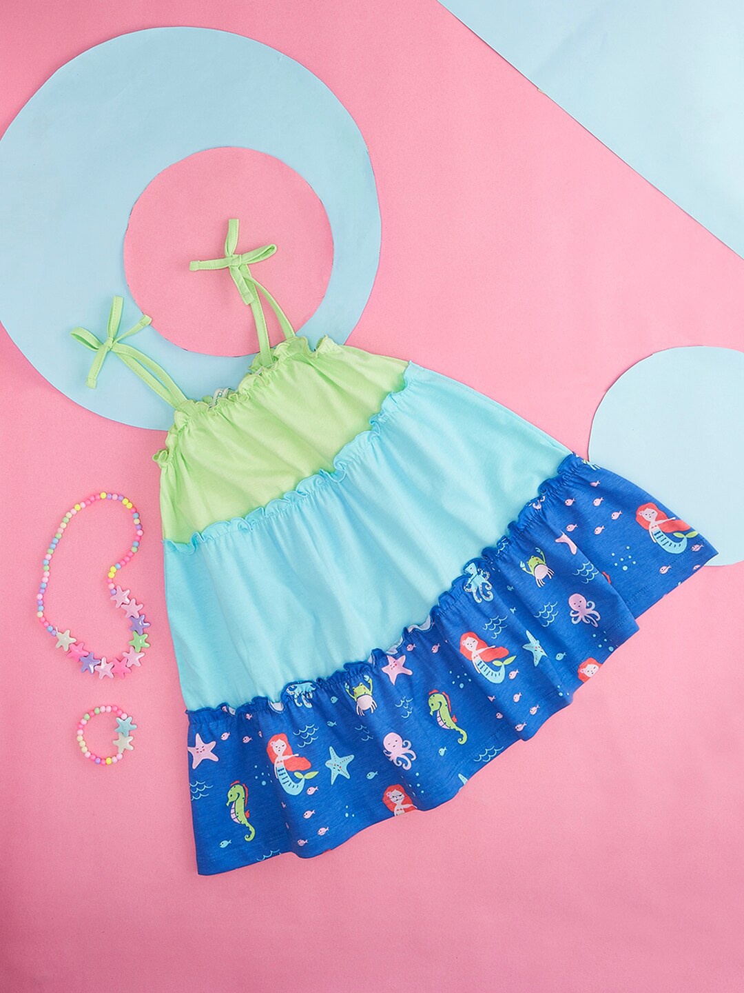 

Pantaloons Baby Green & Turquoise Blue Colourblocked Tie-Up Neck A-Line Dress