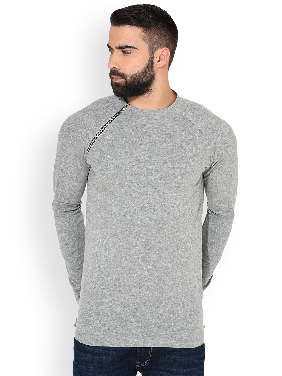 

GRITSTONES Men Grey Melange Solid Round Neck T-shirt