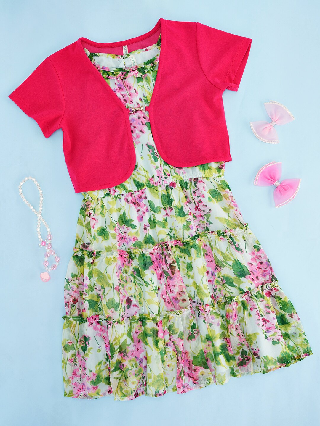 

Pantaloons Junior Girls Floral Print Sleeveless Fit & Flare Dress With Jacket, Green