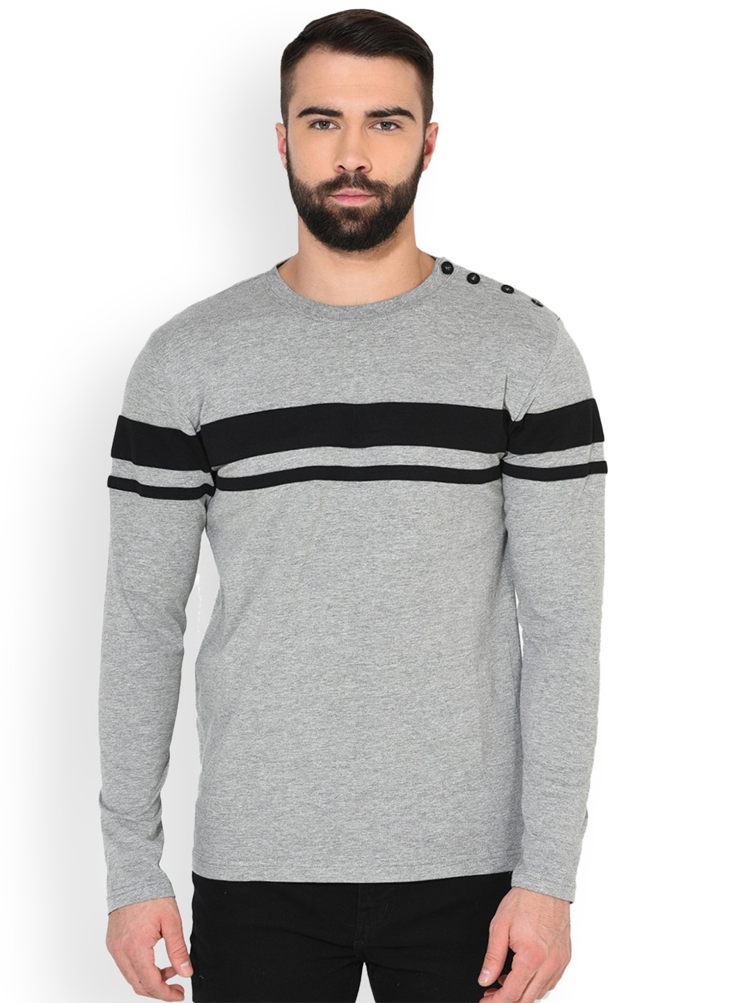 

GRITSTONES Men Grey Melange & Black Striped Round Neck T-shirt