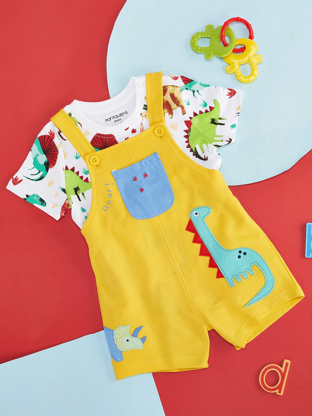 

Pantaloons Baby Boys Graphic Printed Cotton Dungaree With Printed T-Shirt, Yellow