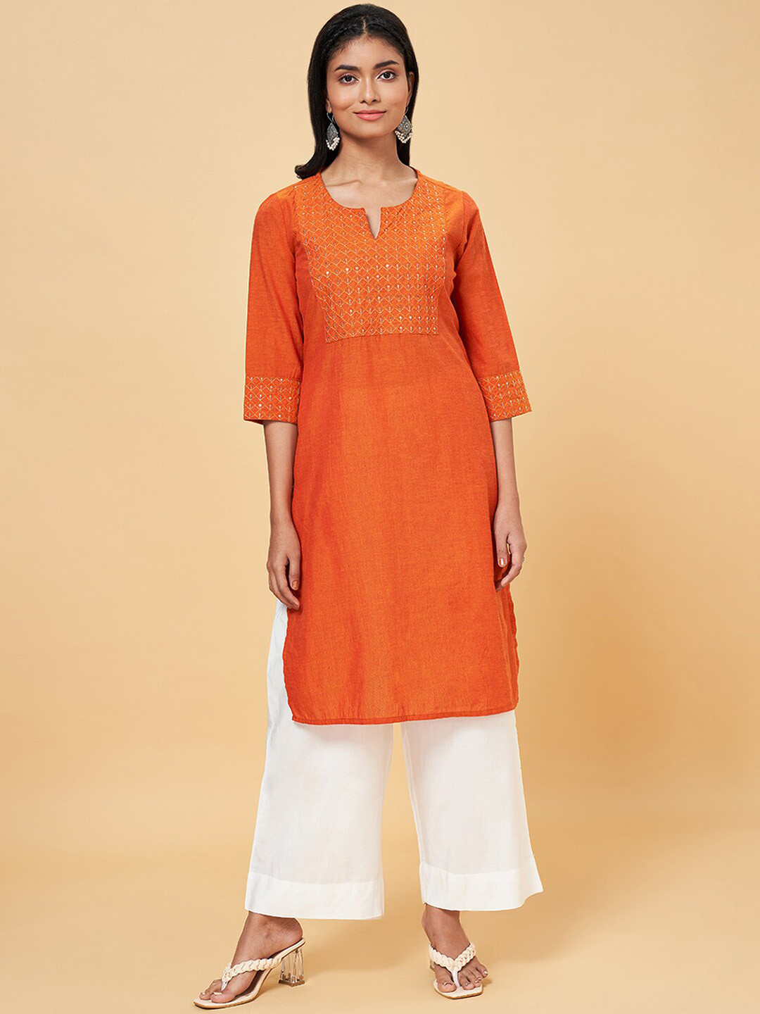 

RANGMANCH BY PANTALOONS Sequined Yoke Design Notch Neck Thread Work Kurta, Rust