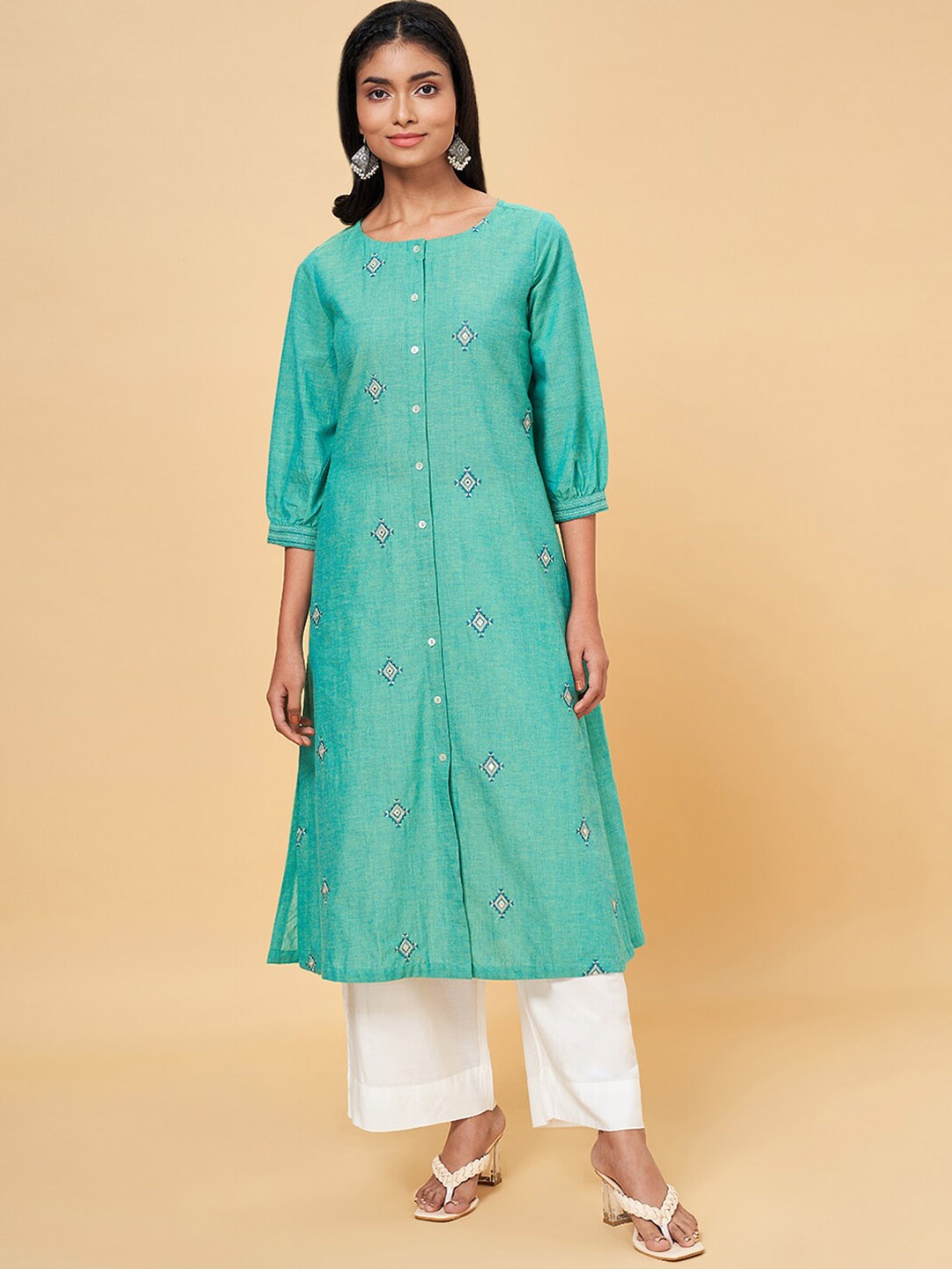 

RANGMANCH BY PANTALOONS Geometric Embroidered Straight Kurta, Green