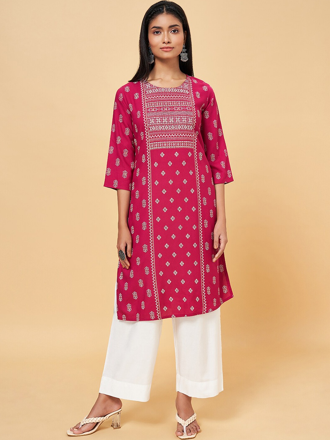 RANGMANCH BY PANTALOONS Tribal Printed Round Neck Kurta, Fuchsia