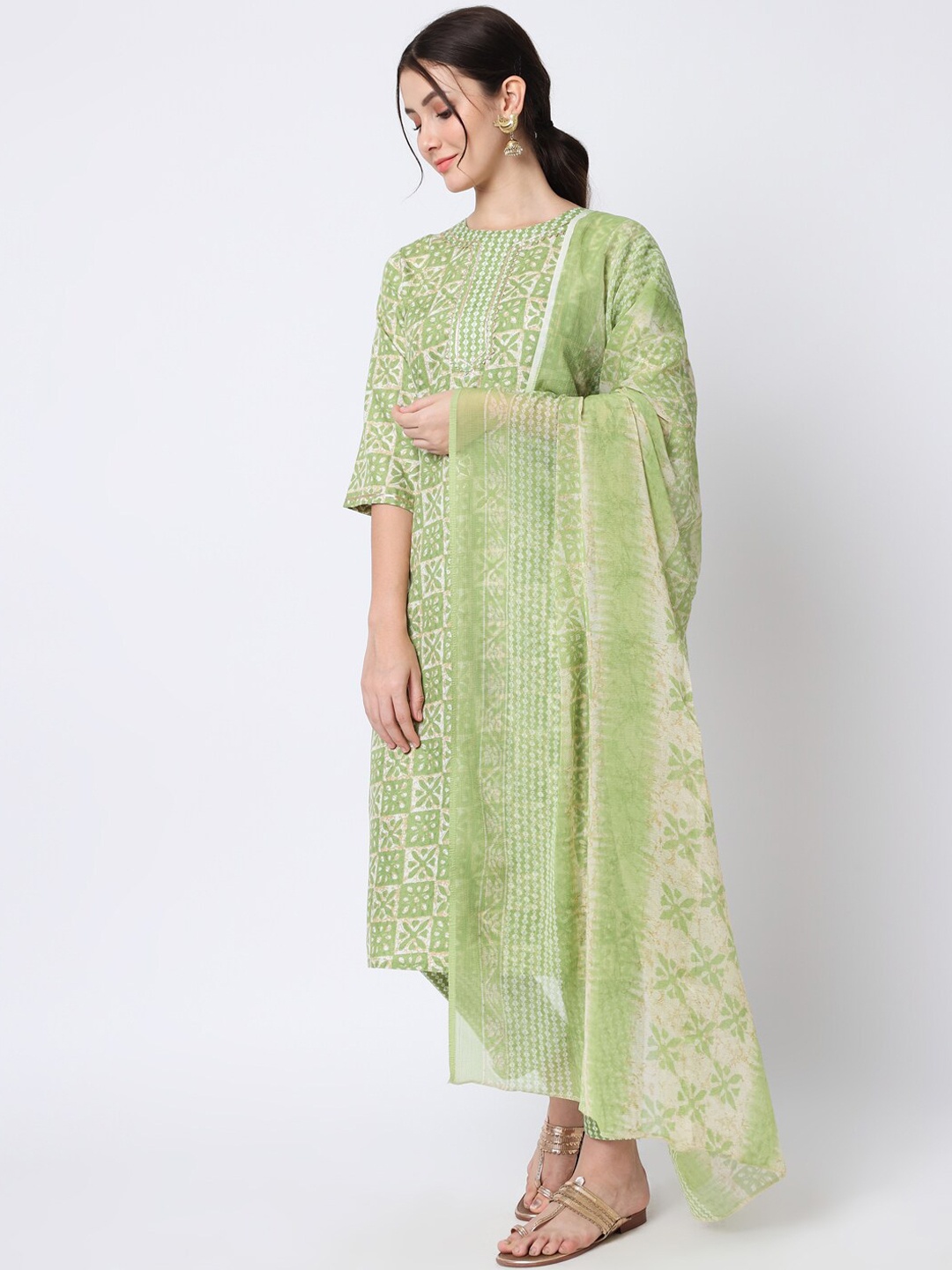 

KALINI Foil Printed Gotta Patti Regular Kurta With Trousers & Dupatta, Green