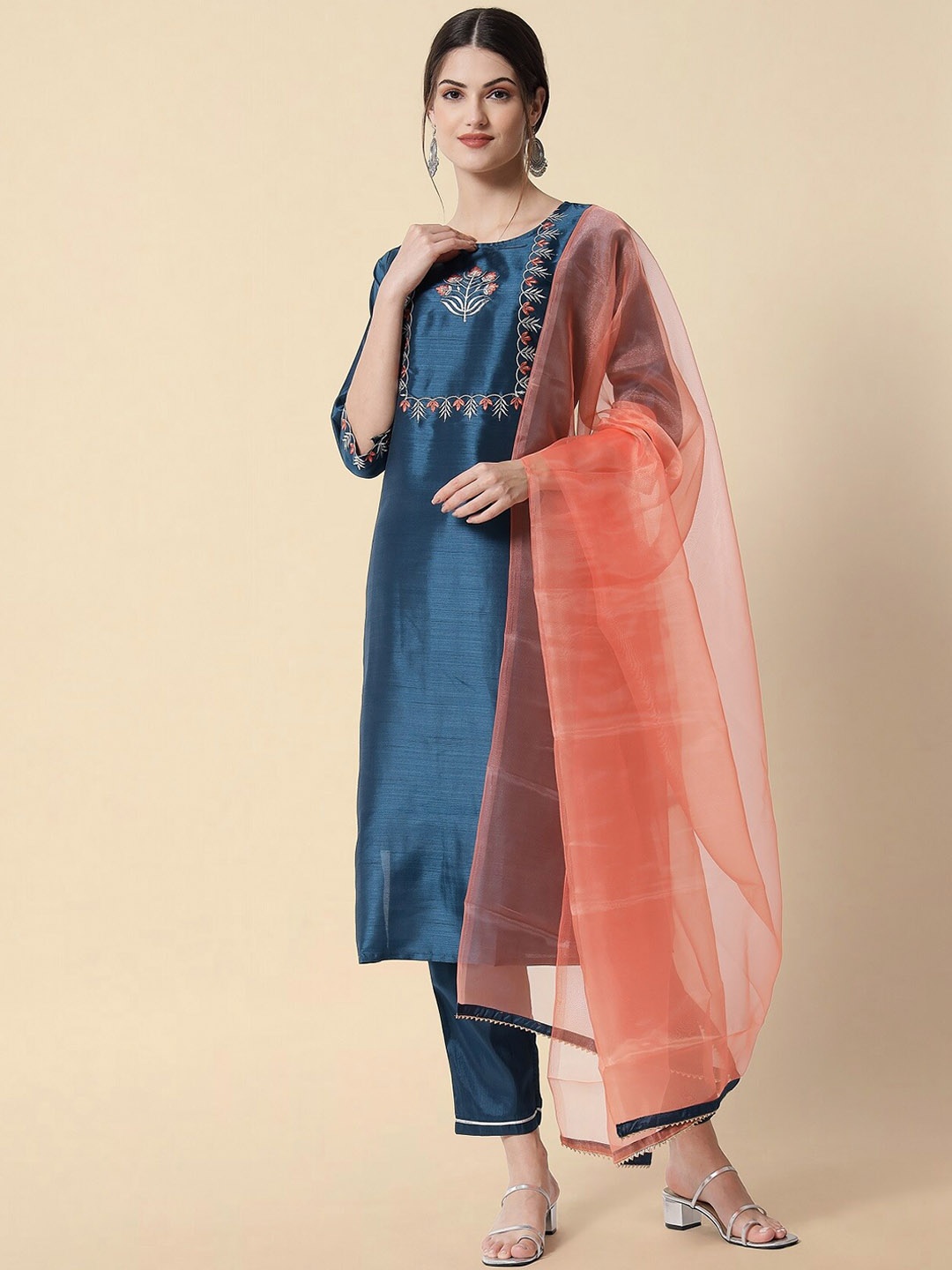 

KALINI Ethnic Motifs Yoke Design Kurta With Trousers & Dupatta, Blue