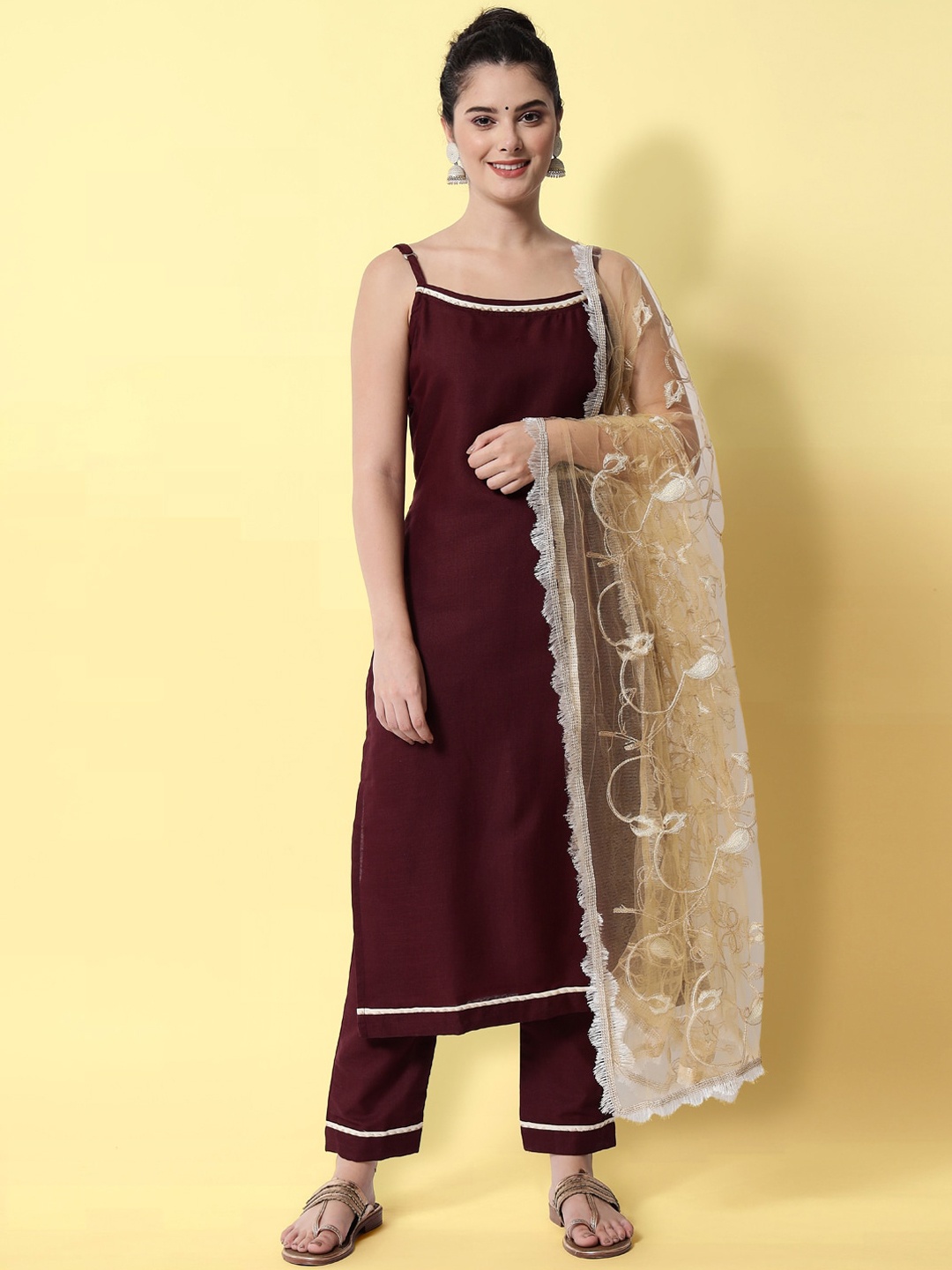 

KALINI Shoulder Strap Kurta With Trousers & Dupatta, Burgundy