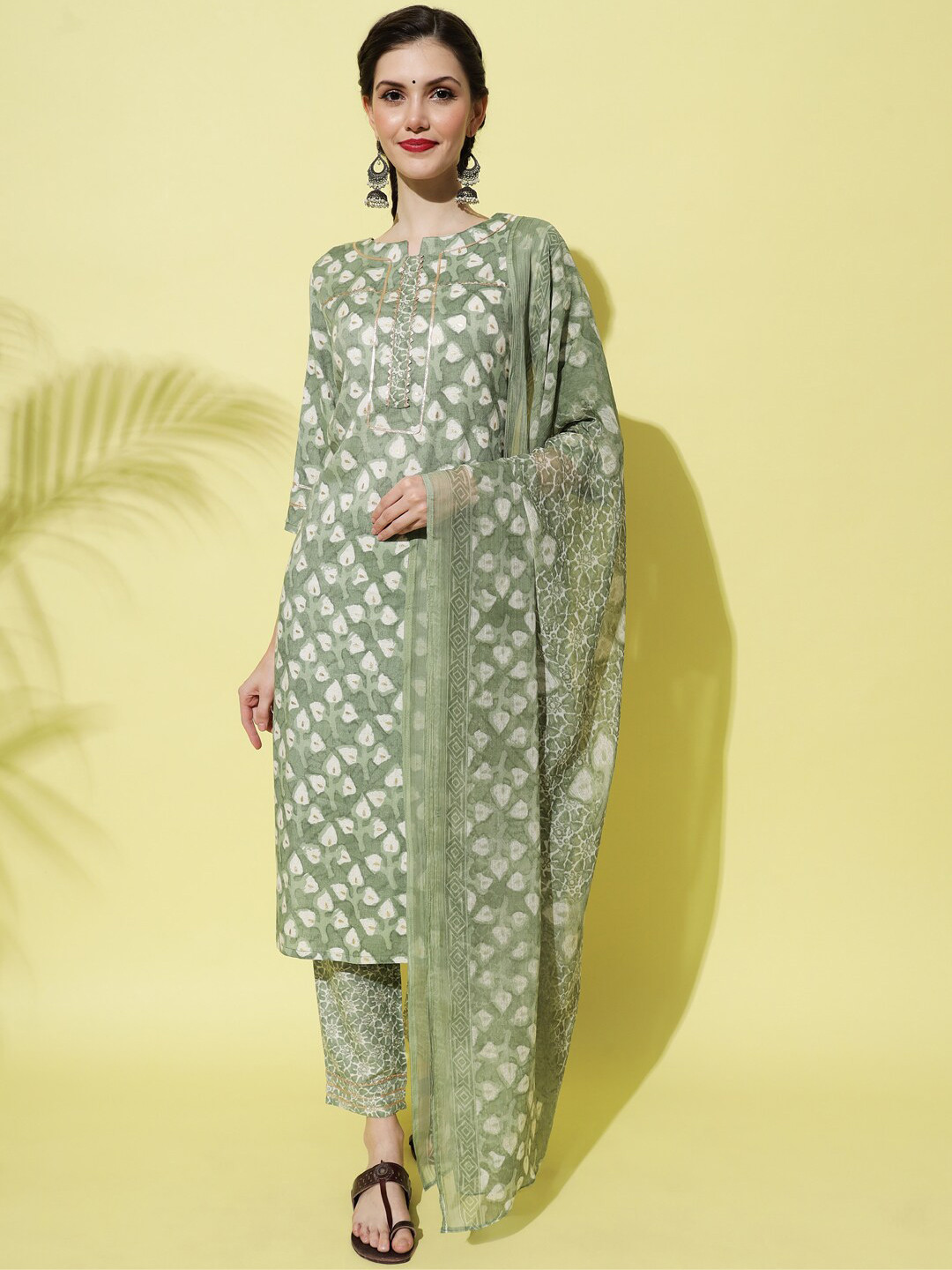 

KALINI Floral Printed Kurta With Trousers & Dupatta, Green