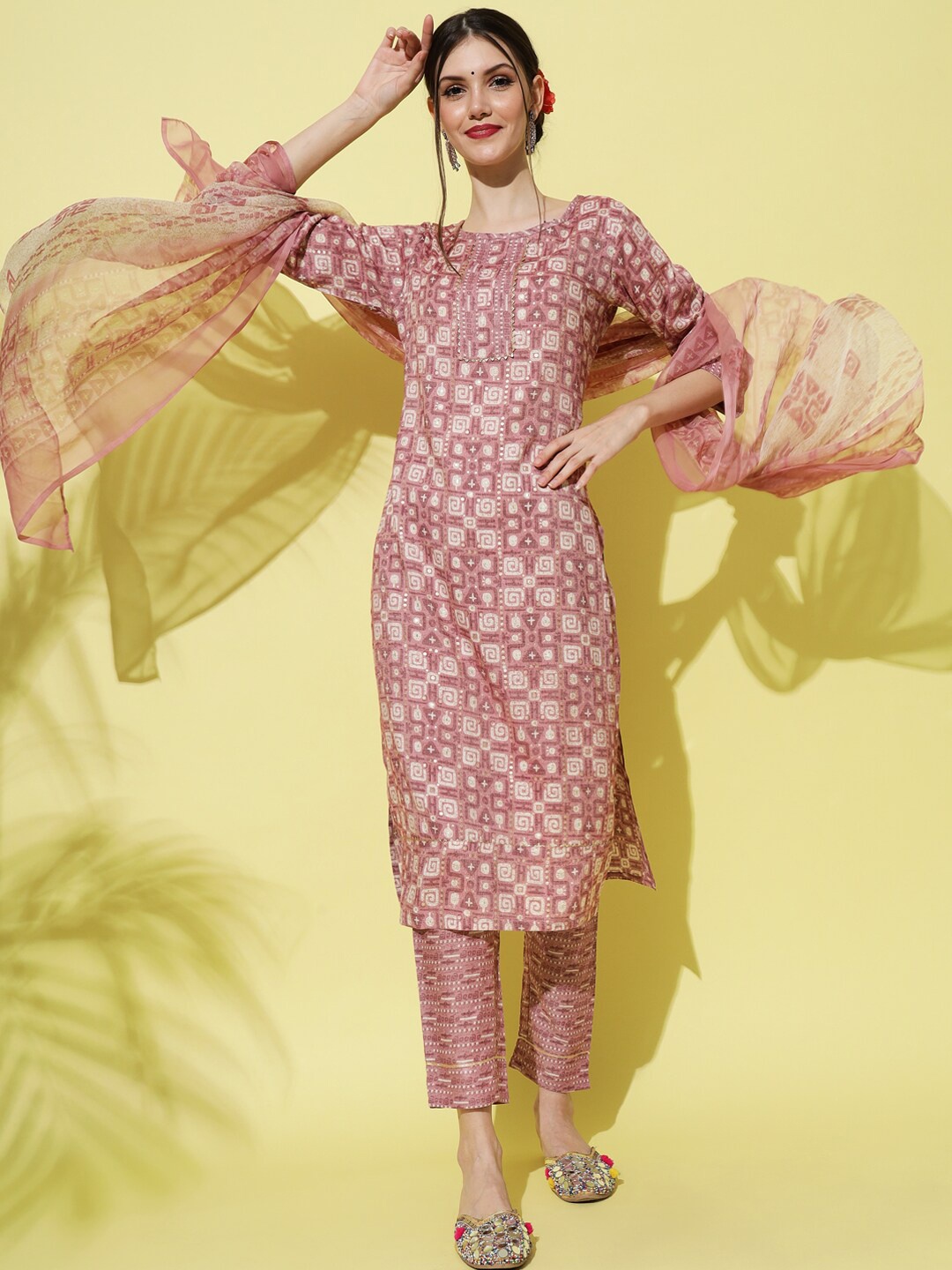 

KALINI Geometric Printed Kurta With Trousers & Dupatta, Pink